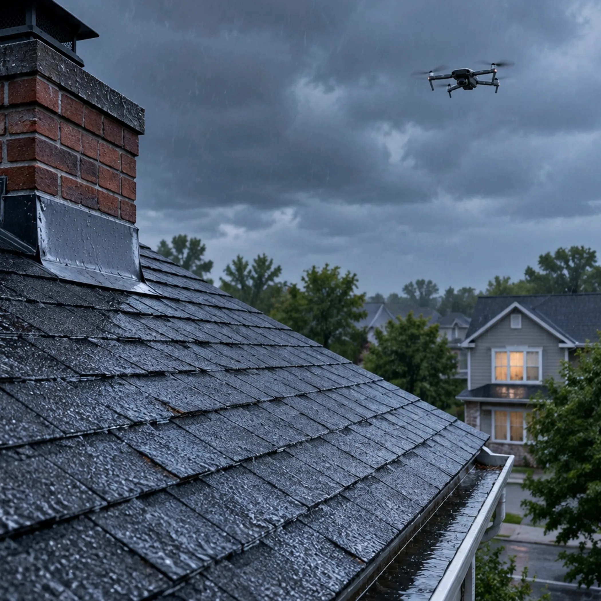 wet residential roof and inspection drone